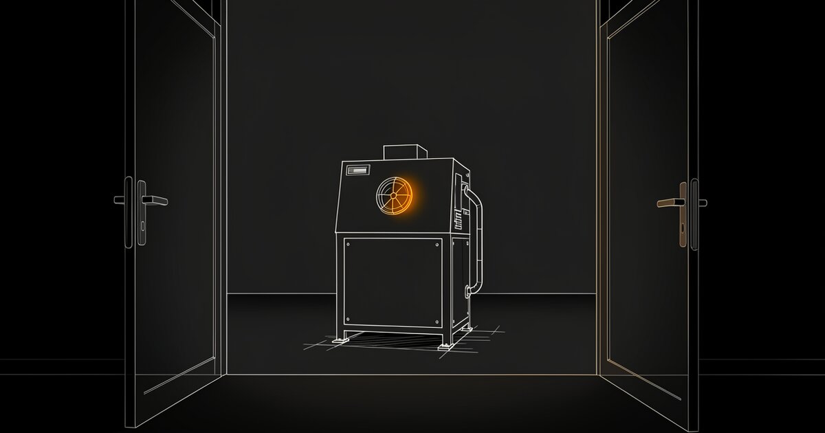 Line drawing of a single large machine standing alone in an empty room, seen through an open pair of doors. One round vent on its face glows orange; the doorway and the floor between stay dark.