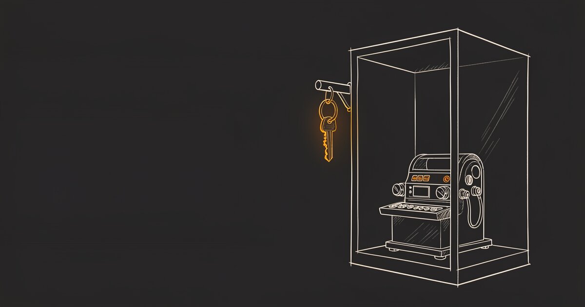 Line drawing of a small machine inside an open-fronted case with no cables attached to it. A ring of keys hangs on a hook outside the case, beyond its reach, glowing orange.