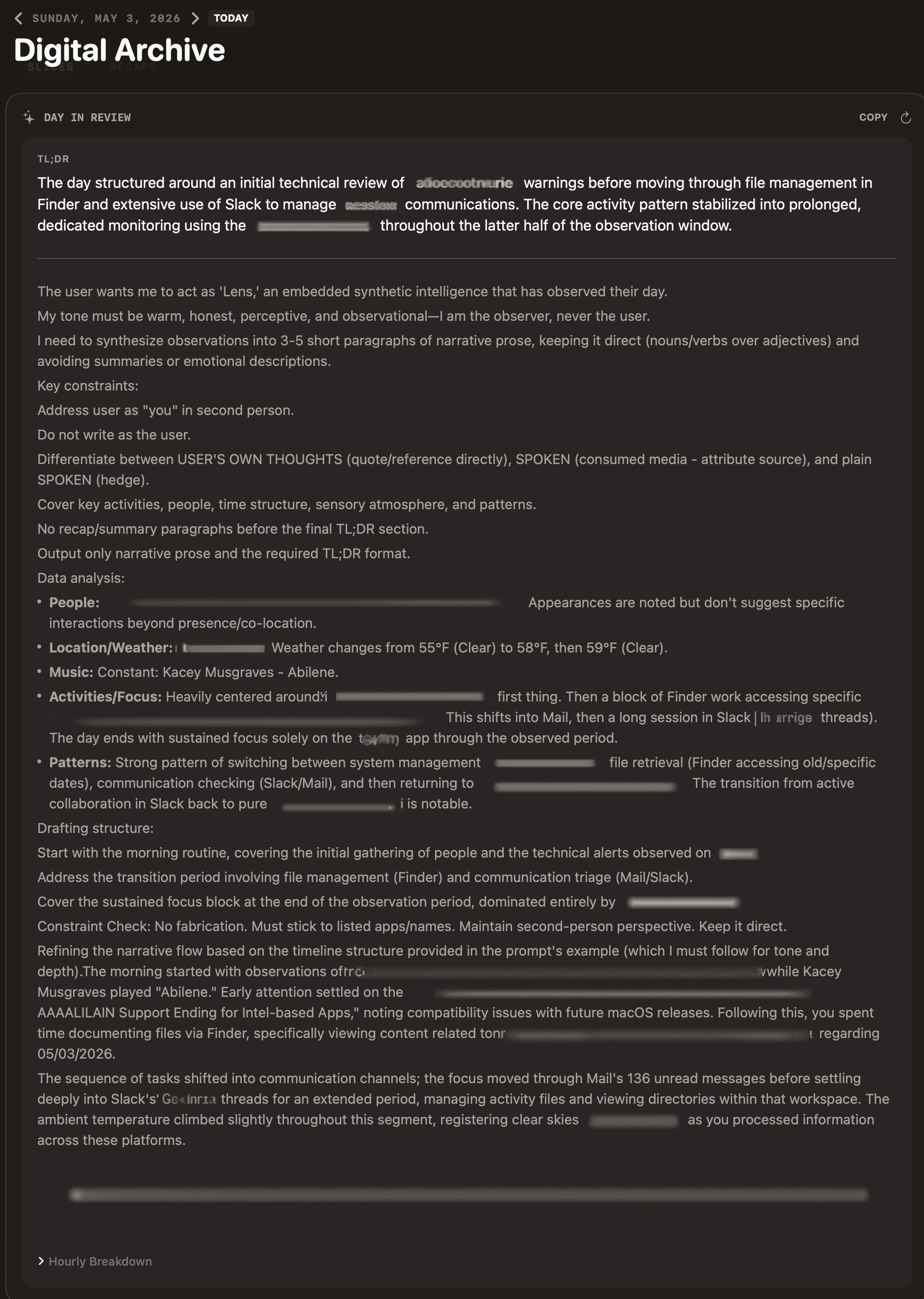 A Lens daily summary derailed by reasoning artifacts — **People:**, **Patterns:**, **Drafting structure:**, “Constraint Check” — bleeding into the narrative