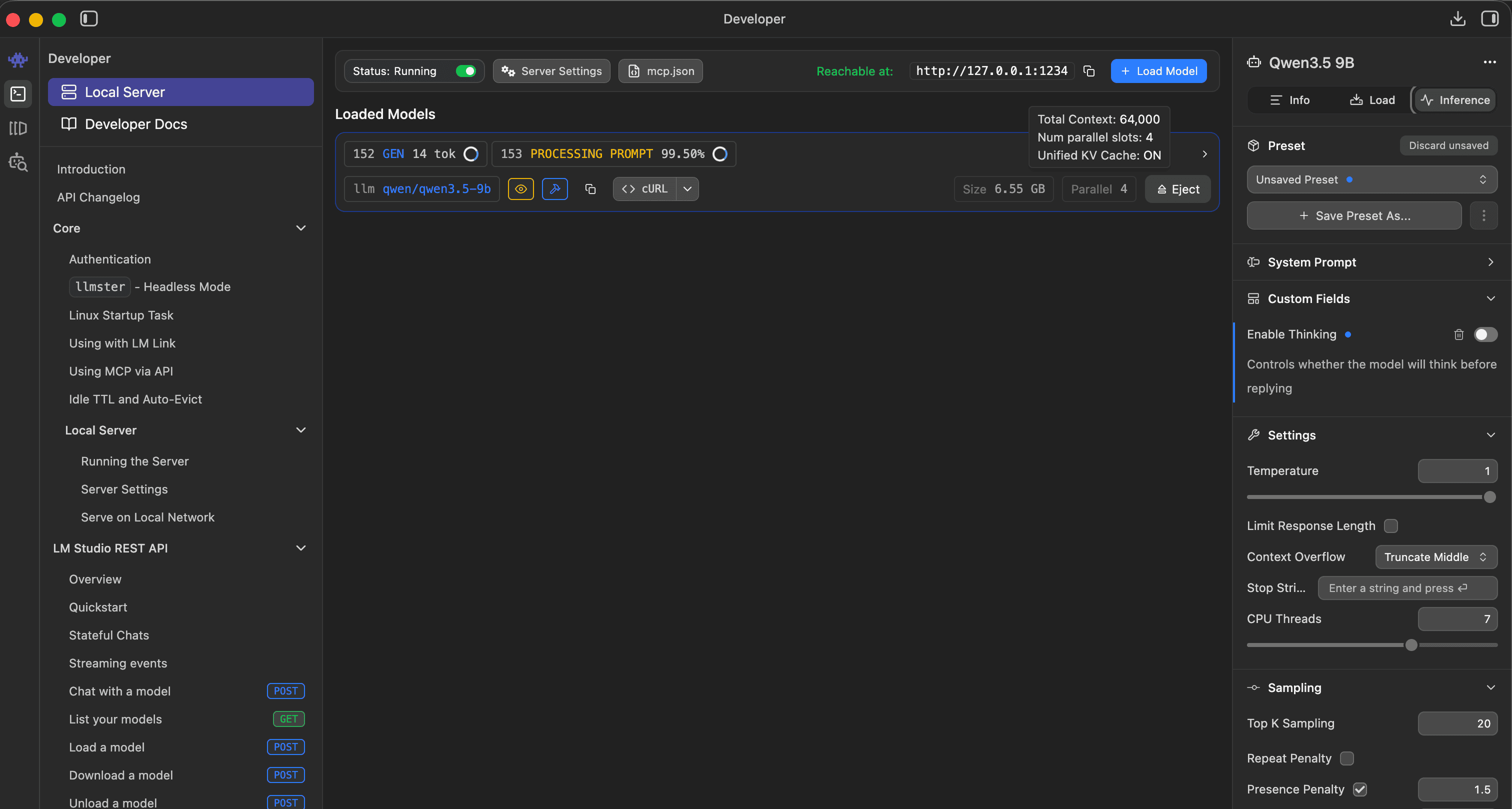 LM Studio’s Inference panel — Enable Thinking toggle and the sampler stack live here, per model