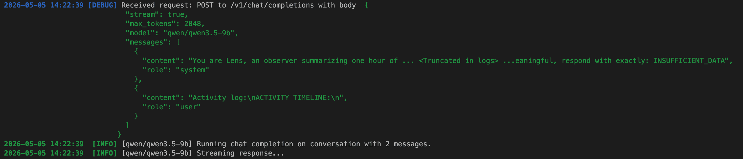 LM Studio’s Server log on the same request — "model": "qwen/qwen3.5-9b", plus the system/user role split that small models depend on
